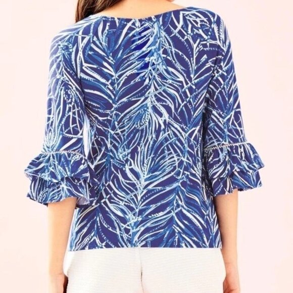 Lilly Pulitzer M Laddie Top Twilight Blue Ruffle Bell Sleeves Stretchy Boat Neck - Picture 3 of 14